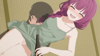 1girl ^_^ alcohol arm_support artist_logo black_nails blush bocchi_the_rock! bottle closed_eyes clothes_lift commentary dress dress_lift drunk english_commentary from_above green_dress highres hiroi_kikuri indoors keihh logo nose_blush official_art red_hair sake sake_bottle sitting tatami thighs wakamezake