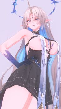 1girl 3d abilfloridaarts absurdres areola_slip armpits bare_shoulders black_dress black_skirt breast_curtains breasts closed_mouth cowboy_shot dress fleurdelys_(wuthering_waves) frown gauntlets highres horns large_breasts long_hair looking_at_viewer no_bra parted_bangs pointy_ears purple_eyes sidelocks single_horn skirt solo tacet_mark_(wuthering_waves) thighs very_long_hair wuthering_waves yellow_horns