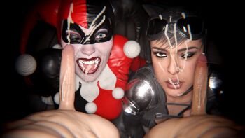 2girls 3d abs absurdres bad_tag batman_(series) black_hair blue_eyes brown_eyes brown_hair catwoman catwoman_(injustice) clothed_female_nude_male cum cum_in_mouth cum_on_body dc_comics deepthroat domino_mask duo_female erection eye_mask facial fellatio female_focus goggles group_sex hand_on_ass harley_quinn harley_quinn_(classic) hetero highres injustice_2 kneeling kneeling_female large_penis lips lipstick looking_at_viewer makeup mask masked multiple_boys multiple_girls night nude oral outercourse penis pov red_lips smile syclops