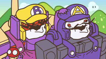Rule 34 | 2boys, astrotrain, blitzwing, cloud, cosplay, facial hair, hat, highres, multiple boys, mustache, nintendo, oomiekunoo, open mouth, overalls, purple hat, purple overalls, red eyes, super mushroom, transformers, transformers: generation 1, waluigi, waluigi (cosplay), wario, wario (cosplay), warioware, yellow hat