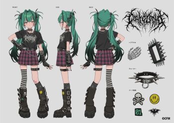 1girl absurdres band_shirt belt belt_buckle black_belt black_boots black_choker black_gloves black_shirt black_skirt black_socks black_streaks blush boots buckle chain chain_necklace choker closed_mouth commentary_request dot_nose earrings english_text fingerless_gloves full_body gishiki_(gshk) gloves green_eyes green_hair hair_intakes hair_ornament hairclip hand_on_own_hip hatsune_miku highres jewelry lock long_hair looking_at_viewer merchandise multicolored_hair necklace pin pink_skirt plaid_clothes plaid_skirt pleated_skirt reference_sheet shirt short_sleeves simple_background single_sock single_thighhigh skeleton_hands skirt socks spider_web_print spiked_choker spiked_hair_ornament spikes standing streaked_hair striped_clothes striped_thighhighs studded_belt t-shirt thigh_belt thigh_strap thighhighs twintails two-tone_skirt vertical-striped_clothes vertical-striped_thighhighs vocaloid white_background