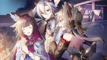 3girls alternate_headwear animal_ears arlecchino_(genshin_impact) bare_shoulders cat_ears closed_eyes closed_mouth columbina_(genshin_impact) commentary_request detached_sleeves genshin_impact kinatsu_k long_hair long_sleeves multicolored_hair multiple_girls open_mouth red_eyes sandrone_(genshin_impact) white_hair