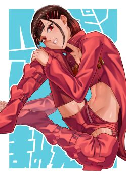 Rule 34 | 1boy, absurdres, androgynous, belt, blunt bangs, boots, brown eyes, brown hair, collarbone, commentary, cropped jacket, crossdressing, crossdressing (mtf), groin, hair ornament, hairclip, hairpin mamire, head on knee, heart, highres, idohe (lovepotion 0821), indie virtual youtuber, jacket, knee up, long sleeves, looking at viewer, male focus, midriff, navel, red belt, red boots, red jacket, red shorts, short hair, short shorts, shorts, sidelocks, sitting, solo, teeth, thigh boots, thighhighs, too many hair ornaments, trap, virtual youtuber, zettai ryouiki