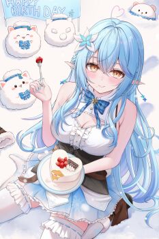1girl 7nopi absurdres ahoge belt black_corset blue_bow blue_bowtie blue_hair blue_skirt boots bow bowtie braid breasts brown_belt brown_boots cake center_frills cleavage_cutout closed_mouth clothing_cutout commentary_request corset crossed_bangs double-parted_bangs flower food fork frilled_shirt frilled_skirt frilled_thighhighs frills fur-trimmed_boots fur_trim hair_between_eyes hair_flower hair_ornament happy_birthday heart heart_ahoge highres holding holding_fork holding_plate hololive large_breasts leather_belt long_hair looking_at_viewer miniskirt multicolored_hair plaid_bow plaid_bowtie plaid_clothes plate pleated_skirt pointy_ears shirt side_braids single_boot sitting skirt sleeveless sleeveless_shirt smile snowflake_hair_ornament solo streaked_hair thighhighs underbust unworn_boots very_long_hair virtual_youtuber wariza white_shirt white_thighhighs yellow_eyes yukihana_lamy yukihana_lamy_(1st_costume) yukimin_(yukihana_lamy)