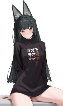 1girl absurdres animal_ear_fluff animal_ears bar_censor black_hair black_shirt blush bottomless braid breasts bright_pupils censored closed_mouth clothes_lift clothes_writing commentary english_commentary feet_out_of_frame fox_ears fox_girl half_up_braid highres hoshimi_miyabi ir_who long_hair looking_at_viewer medium_breasts orange_eyes pussy shirt simple_background sitting solo thighs variant_set white_background white_pupils zenless_zone_zero