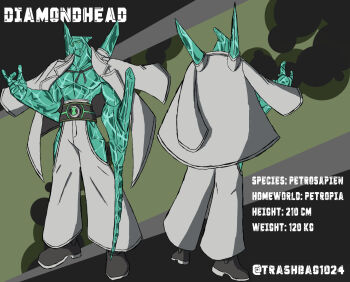 1boy alien ben_10 ben_tennyson blue_pants character_name character_profile commentary crystal_skin diamondhead english_commentary highres jacket jacket_over_shoulder omnitrix open_clothes open_jacket pants trashbag1024 twitter_username unworn_jacket white_jacket