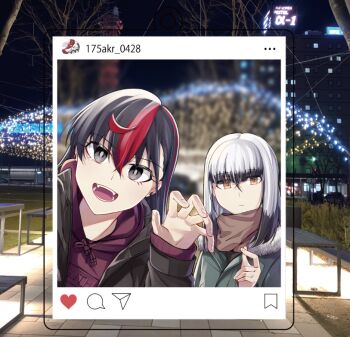 Rule 34 | 2girls, :d, bench, black hair, black jacket, blunt bangs, blurry, blurry background, brown eyes, brown scarf, building, claw pose, closed mouth, colored tips, commentary request, fangs, fur-trimmed jacket, fur trim, green jacket, grey eyes, hair between eyes, hand up, hood, hood down, hoodie, inago akira, instagram, jacket, jouhou, long hair, long sleeves, looking at viewer, medium hair, multicolored hair, multiple girls, night, open clothes, open jacket, open mouth, outdoors, photo background, red hair, red hoodie, satsuki yomi, scarf, smile, streaked hair, toji no miko, tree, white hair