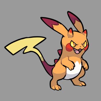 absurdres adoptable animal_focus colored_sclera commentary dot_nose english_commentary fakemon fang full_body gorochu grey_background highres horns nintendo no_humans open_mouth orange_eyes original pokemon pokemon_(creature) pokemon_focus pokemon_rgby_(prototype) rgreywind simple_background solo standing tail v-shaped_eyes yellow_sclera