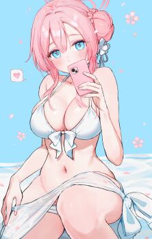 1girl bikini bikini_bottom_pull blue_archive blue_eyes braid braided_bun breasts cherry_blossoms cleavage commentary_request hair_bun halo heart highres holding holding_phone large_breasts looking_at_viewer mimori_(blue_archive) mimori_(swimsuit)_(blue_archive) navel official_alternate_costume phone pink_hair pink_halo pulling_own_clothes sarong see-through_clothes see-through_sarong single_side_bun sitting solo spoken_heart stomach swimsuit white_bikini white_sarong yomizu_(rdad3278)