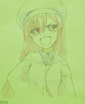 Rule 34 | 1girl, girls und panzer, girls und panzer little army, graphite (medium), hat, jacket, kuromorimine school uniform, laughing, mityubi, one-hour drawing challenge, school uniform, sheska (girls und panzer), signature, traditional media