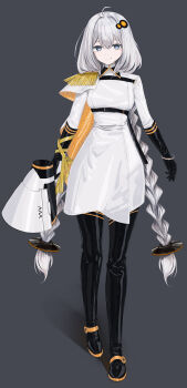 Rule 34 | 1girl, absurdres, ahoge, black boots, black gloves, blue eyes, boots, bracelet, braid, breasts, coat, epaulettes, fringe trim, gloves, grey background, grey hair, highres, holding, holding megaphone, jewelry, kizuna akari, long hair, looking at viewer, low twintails, medium breasts, megaphone, nashi (tw nasi), shiny clothes, side cape, single epaulette, smile, solo, standing, thigh boots, twin braids, twintails, very long hair, voiceroid, white coat