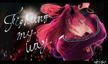 Rule 34 | 1girl, absurdres, arms up, artist name, backlighting, blush, braid, commentary, cone hair bun, cropped jacket, earrings, english text, fighting my way (idolmaster), fingernails, gakuen idolmaster, glowstick, hair bun, hanami saki, highres, hoop earrings, idolmaster, iwashi neko, jacket, jewelry, letterboxed, long sleeves, medium hair, nail polish, official alternate costume, penlight (glowstick), pink jacket, profile, red hair, signature, smile, sweat, upper body