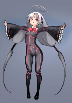 1girl ahoge black_bodysuit bodysuit bow bowtie breasts commentary_request covered_erect_nipples covered_navel forehead_jewel frilled_sleeves frills full_body grey_background hair_tubes headgear highres huge_ahoge johan_(johan13) long_hair long_sleeves low_twintails open_mouth outstretched_arms parted_bangs red_bow red_bowtie red_eyes red_trim small_breasts solo spread_arms twintails under_night_in-birth vatista_(under_night_in-birth) very_long_hair white_hair wide_sleeves
