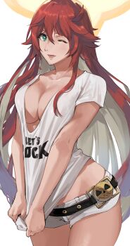1girl belt black_belt breasts cleavage clothes_pull clothes_writing colored_inner_hair spiked_halo green_eyes guilty_gear guilty_gear_strive_x_tower_records hair_between_eyes halo highres j@ck jack-o'_valentine large_breasts long_hair multicolored_hair official_alternate_costume one_eye_closed open_mouth pulling_own_clothes red_hair shirt shirt_pull short_shorts shorts skull_belt solo t-shirt two-tone_hair white_hair white_shorts