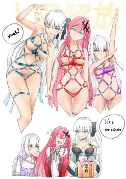 3girls absurdres arms_up baobhan_sith_(fate) baobhan_sith_(first_ascension)_(fate) beatrix_vivi blue_eyes blush bondage_outfit breasts commentary detached_sleeves dress english_commentary fate/grand_order fate_(series) grey_eyes hair_ornament highres medium_breasts melusine_(fate) melusine_(second_ascension)_(fate) morgan_le_fay_(fate) morgan_le_fay_(second_ascension)_(fate) multiple_girls navel one_eye_closed open_mouth pink_hair pointy_ears ponytail red_dress revealing_clothes small_breasts smile white_hair yellow_eyes