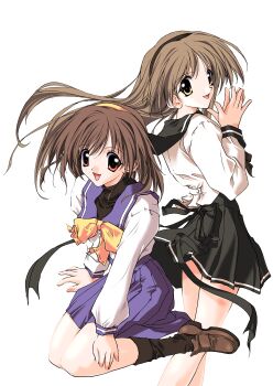 absurdres bow bowtie brown_hair hairband high-waist_skirt highres hizuki_ayaka imasaka_yue long_hair looking_at_viewer memories_off memories_off_1 miniskirt non-web_source official_art open_mouth sailor school_uniform skirt smile white_background yellow_bow yellow_bowtie yellow_hairband