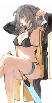 1girl baseball_bat between_thighs bikini black_bikini black_jacket breasts cleavage commentary_request crossed_legs feet_out_of_frame grey_hair hair_over_one_eye hair_tie hands_up hat highres honkai:_star_rail honkai_(series) jacket long_hair long_sleeves looking_ahead meat7955 medium_breasts mouth_hold open_clothes open_jacket simple_background sitting skindentation solo stelle_(honkai:_star_rail) swimsuit thigh_strap trailblazer_(honkai:_star_rail) two-sided_fabric two-sided_jacket tying_hair white_background yellow_eyes