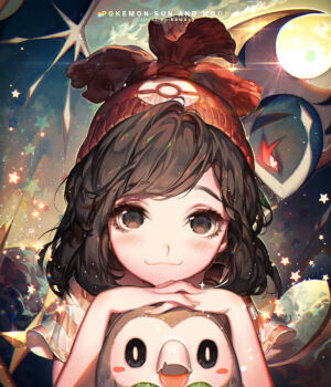 1girl :3 beak beanie bird blush blush_stickers brown_eyes brown_hair close-up commentary copyright_name english_commentary eyelashes gen_7_pokemon hands_on_another's_head hat kawacy legendary_pokemon looking_at_viewer lunala nintendo open_mouth owl pokemon pokemon_(creature) pokemon_sm red_eyes red_hat rowlet selene_(pokemon) short_hair smile sparkle star_(symbol) striped_sleeves