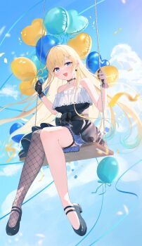 1girl absurdres aizawa_ema aki_uzuki3 aqua_hair balloon bare_shoulders black_gloves black_shoes blonde_hair blue_eyes blue_sky cloud cloudy_sky commentary_request dress fishnet_thighhighs fishnets floating_hair full_body gloves gradient_hair heart_balloon highres long_hair looking_at_viewer multicolored_hair open_mouth shoes single_thighhigh sitting sky sleeveless sleeveless_dress smile solo thighhighs virtual_youtuber vspo!