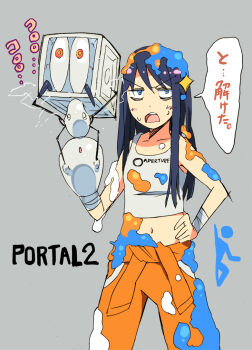 1girl annoyed aperture_science_handheld_portal_device bandages bare_shoulders blue_eyes blue_hair blush box chell clothes_writing female_focus frankenturret hand_on_own_hip hip_focus jumpsuit kitano_yuusuke long_hair matching_hair/eyes midriff navel open_mouth orange_jumpsuit portal portal_(series) portal_1 portal_2 sentry_turret_(portal) slime_(substance) solo sweat tank_top translated valve wet