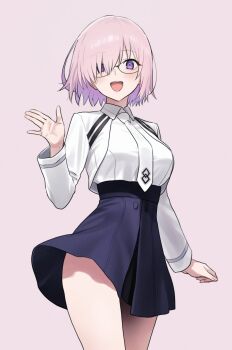 1girl black_skirt blush breasts collared_shirt colored_inner_hair commentary_request cropped_jacket fate/grand_order fate_(series) glasses hair_over_one_eye high-waist_skirt highres jacket kiya_hajime large_breasts long_sleeves looking_at_viewer mash_kyrielight mash_kyrielight_(chaldea_uniform) multicolored_hair necktie open_mouth pink_hair purple_eyes purple_hair shirt short_hair skirt smile solo thighs white_jacket white_shirt