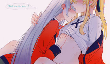2girls bite_mark bite_mark_on_neck bite_mark_on_stomach blazer blonde_hair blunt_bangs blush bottomless clothes_lift collared_shirt commentary_request cross_tie dogbrooo ear_blush english_text film_grain grabbing_another's_breast grey_hair groping hand_on_another's_back heavy_breathing hickey highres hyakkaou_academy_school_uniform jacket kakegurui lapels lifting_another's_clothes long_hair long_sleeves momobami_ririka multiple_girls notched_lapels off_shoulder red_jacket saotome_mary school_uniform shirt shirt_lift sidelocks simple_background speech_bubble sweat white_background white_shirt wing_collar yuri
