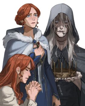 1girl a_song_of_ice_and_fire alternate_form artist_name bags_under_eyes blue_eyes braid catelyn_tully commentary crown dagger earrings empty_eyes english_commentary etceteraart expressionless fur-trimmed_hood fur_trim grey_hair highres holding holding_crown holding_dagger holding_knife holding_weapon hood hood_down hood_up jewelry knife lady_stoneheart long_hair looking_at_viewer mature_female orange_hair own_hands_together parted_lips praying scar scar_on_face scar_on_hand scar_on_neck simple_background tearing_up weapon white_background worried