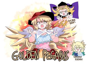 3girls bandana blonde_hair blue_dress blue_shirt brown_dress brown_hat brown_overskirt cowboy_hat cowboy_western dress hat highres horns kazamichisha kicchou_yachie kurokoma_saki matara_okina messy_hair multiple_girls off-shoulder_dress off_shoulder orange_tabard pink_dress shirt tabard touhou turtle_shell white_bandana yellow_eyes yellow_wings