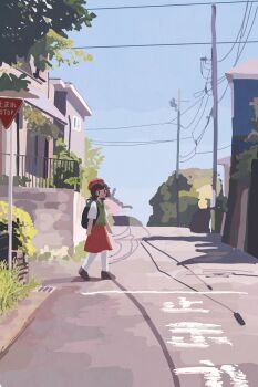 1girl arms_at_sides artist_self-insert backpack bag beret blue_sky brown_eyes brown_hair brown_shoes clear_sky from_side grass green_sweater_vest hat highres house kyora-chan_(kyora_san) kyora_san looking_at_viewer original pantyhose power_lines railing red_hat red_skirt road road_sign shadow shirt shoes short_hair sign skirt sky solo street suburb sweater_vest tree utility_pole v-neck walking white_pantyhose white_shirt