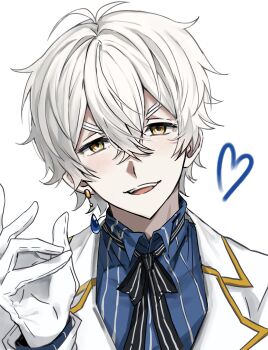 1boy black_ribbon blue_shirt collared_shirt crossed_bangs earrings gloves hair_between_eyes heart highres jacket jewelry long_sleeves looking_at_viewer male_focus neck_ribbon open_mouth pinstripe_pattern pinstripe_shirt re:zero_kara_hajimeru_isekai_seikatsu regulus_corneas ribbon shirt short_hair single_earring smile solo striped_clothes striped_shirt teeth upper_body upper_teeth_only uyauuyyaa v-shaped_eyebrows vertical-striped_clothes vertical-striped_shirt white_background white_gloves white_hair white_jacket yellow_eyes