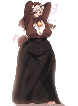 1girl 2026 ? arms_behind_head arms_up artist_name barefoot black_skirt breasts brown_hair brown_shirt chaichne chaimera_(chaichne) cleavage cleavage_cutout clothing_cutout collarbone commentary covered_navel cow_girl cow_horns cowbell english_commentary feet female_focus glasses highres horns large_breasts long_hair looking_at_viewer mole mole_on_cheek mouth_hold multicolored_hair original plump purple_eyes shirt skirt solo streaked_hair striped_clothes striped_shirt toes white_background white_hair