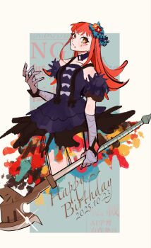 1girl aqua_eyeshadow axe bandaged_arm bandaged_hand bandages dated eyeliner eyeshadow facial_mark fire_emblem fire_emblem_engage fur_sleeves happy_birthday highres holding holding_axe long_hair makeup nam3737373 nintendo orange_hair panette_(fire_emblem) red_eyeliner short_bangs stitched_mouth stitches