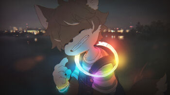 1boy animal_ears bracelet child city_lights claws closed_eyes dark denim dog_boy dog_ears dog_tail film_grain furry furry_male glowing grin head_tilt highres jewelry lens_flare male_focus multicolored_hair night nishiko original outdoors overalls rgb_lights shirt short_hair short_sleeves smile solo streaked_hair striped_clothes striped_shirt tail teeth