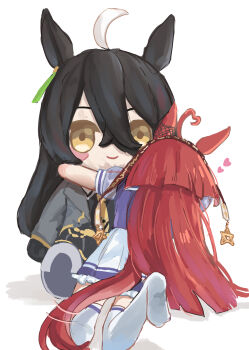1girl ahoge animal_ears black_coat black_gloves black_hair blunt_ends blush blush_stickers brown_headdress character_doll closed_mouth coat collared_shirt doll doqute_stuffed_doll ear_tag earrings from_below gloves hair_between_eyes hairband heart highres horse_ears horse_girl horse_tail hug hugging_doll hugging_object jewelry long_bangs long_hair long_hair_between_eyes long_sleeves manhattan_cafe_(creeping_black)_(umamusume) manhattan_cafe_(umamusume) multicolored_hair necktie puffy_short_sleeves puffy_sleeves purple_shirt red_desire_(umamusume) red_hair red_hairband red_headdress sailor_collar sailor_shirt school_uniform shirt short_sleeves simple_background single_earring skirt smile solo songdu star_ornament tail thighhighs tracen_school_uniform umamusume white_background white_hair white_skirt white_thighhighs yellow_eyes yellow_necktie