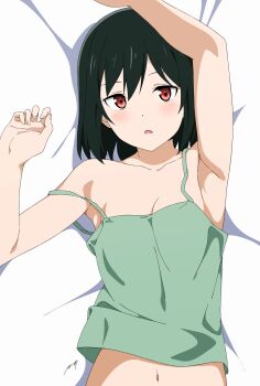 1girl armpits bare_shoulders bed_sheet breasts cleavage commentary_request green_eyes green_shirt highres love_live! love_live!_nijigasaki_high_school_idol_club lying medium_breasts mifune_shioriko nagi_mkrnpn navel pajamas red_eyes shirt signature sleeveless solo upper_body