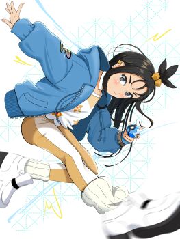 1girl bent_over black_hair blue_hoodie bracelet choker closed_mouth commentary_request cube_hair_ornament dive_ball eyelashes grey_eyes hair_ornament highres holding holding_poke_ball hood hood_down hoodie jewelry leggings lida_(pokemon) long_hair long_sleeves looking_at_viewer nintendo open_clothes open_hoodie pippie_an poke_ball pokemon pokemon_legends:_z-a print_shirt ribbed_socks shirt shoes smile socks solo topknot white_background white_choker white_shirt white_shoes white_socks