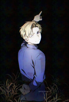 1boy arm_behind_back arm_up blonde_hair blue_eyes blue_jacket chi.:_chikyuu_no_undou_ni_tsuite closed_mouth commentary dark grass jacket kadeart looking_at_viewer male_focus pointing pointing_up rafal_(chi.) short_hair solo symbol-only_commentary upper_body