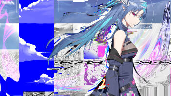 1girl absurdres bare_shoulders breasts commentary commission detached_sleeves english_commentary facial_mark forehead_mark from_side highres long_hair original pointy_ears red_eyes signal_1120 skeb_commission solo