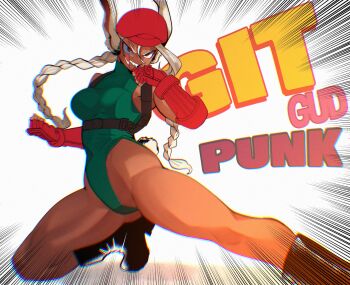 1girl animal_ears bare_shoulders beret boku_no_hero_academia boots braid breasts cammy_white cammy_white_(cosplay) chest_harness chromatic_aberration clauschristmas clenched_hands combat_boots cosplay dark-skinned_female dark_skin english_text fingerless_gloves gloves green_leotard hair_between_eyes harness hat highleg highleg_leotard highres large_breasts leotard long_eyelashes long_hair looking_at_viewer mirko on_one_knee rabbit_ears rabbit_girl rabbit_tail red_eyes red_gloves smile solo street_fighter tail teeth thick_thighs thighs toned toned_female tongue tongue_out twin_braids very_long_hair white_hair