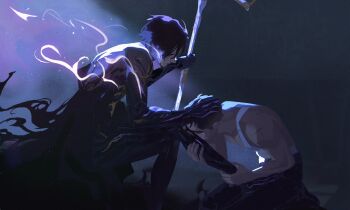 2boys arcane:_league_of_legends arcane_jayce black_pants brown_hair closed_eyes closed_mouth colored_skin commentary couple english_commentary hand_on_another's_head highres holding holding_staff jayce_(league_of_legends) kiss kissing_leg kneeling league_of_legends male_focus marion_bordeyne multiple_boys pants short_hair staff tank_top viktor_(arcane) viktor_(league_of_legends) white_tank_top yaoi