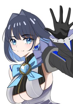 1girl absurdres black_gloves black_hair black_sleeves blue_bow blue_eyes blue_gem blue_hair bow bow_earrings breasts chaoite0079 closed_mouth clothing_cutout colored_inner_hair commentary_request earrings gem gloves hair_intakes heart-shaped_gem highres hololive hololive_english jewelry large_breasts multicolored_hair ouro_kronii ouro_kronii_(1st_costume) shirt simple_background solo underboob_cutout virtual_youtuber white_background white_shirt