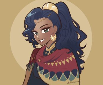 1girl blue_hair cloak dancer dark-skinned_female dark_skin earrings fire_emblem fire_emblem:_fortune&#039;s_weave gold_choker gold_earrings hectoremblem high_ponytail highres hood hooded_cloak hoop_earrings jewelry leda_(fire_emblem) nintendo ponytail red_cloak solo