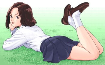 Rule 34 | 1990s (style), 1girl, archived source, artist name, blue skirt, breasts, brown eyes, brown hair, brown shoes, character request, commentary request, copyright request, dithering, elbow rest, feet up, forehead, from behind, full body, gradient background, grass, hand on own cheek, hand on own face, light blush, loafers, long sleeves, looking at viewer, lying, medium hair, miniskirt, on grass, on stomach, parted lips, pc-98 (style), pixel art, pleated skirt, retro artstyle, shirt, shoes, signature, skirt, small breasts, smile, socks, solo, teiku (take), the pose, turning head, white shirt, white socks