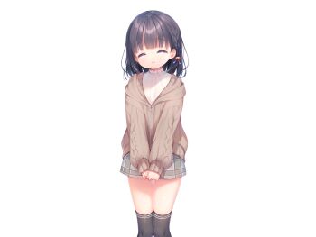 1girl ^_^ black_hair black_thighhighs blunt_bangs braid brown_cardigan cardigan closed_eyes closed_mouth facing_viewer feet_out_of_frame game_cg grey_skirt kazari_(mainichi_kiss_shite_lolita) large_variant_set long_sleeves mainichi_kiss_shite_lolita miniskirt non-web_source pink_eyes piyodera_mucha plaid_clothes plaid_skirt short_hair simple_background skirt smile solo standing sweater tachi-e thighhighs transparent_background variant_set white_sweater
