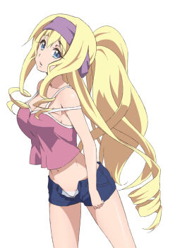 1girl alternate_hairstyle blonde_hair blue_eyes breasts camisole casual cecilia_alcott cleavage cosplay drill_hair errant female_focus gotanda_ran gotanda_ran_(cosplay) headband infinite_stratos large_breasts long_hair midriff open_fly panties ponytail short_shorts shorts simple_background solo strap_slip unbuttoned underwear unzipped very_long_hair white_panties