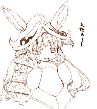 1other androgynous animal_ears commentary_request furry greyscale hat highres long_hair made_in_abyss masaya_ichika monochrome nanachi_(made_in_abyss) open_mouth rabbit_ears simple_background solo translation_request upper_body