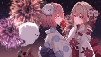 Rule 34 | 5girls, absurdres, aerial fireworks, alternate costume, blonde hair, blue kimono, blue sash, blurry, blurry background, bow, brown hair, candy apple, character mask, chen, closed mouth, commentary request, commission, cotton candy, fireworks, floral print, floral print kimono, flower, food, grey hair, hair between eyes, hair bow, hair flower, hair ornament, hair ribbon, highres, holding, holding cotton candy, holding food, japanese clothes, kimono, konpaku youmu, long hair, looking at another, maka (user rryf2748), mask, multiple girls, obi, outdoors, pink hair, print kimono, purple eyes, red bow, red sash, ribbon, saigyouji yuyuko, sash, short hair, skeb commission, smile, star (sky), touhou, white kimono, yakumo ran, yakumo yukari