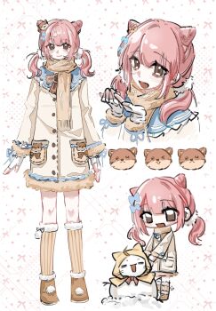 1girl animal_print argyle_background awuwuwu black_ribbon blue_bow blue_ribbon boots bow bowtie brown_boots brown_bow brown_bowtie brown_eyes brown_socks buttons character_request character_snowman chibi closed_mouth coat cone_hair_bun cropped_torso dog_hair_ornament dog_print double_bun eyelashes fingerless_gloves fringe_trim full_body fur-trimmed_boots fur-trimmed_coat fur-trimmed_sleeves fur-trimmed_socks fur_trim gloves hair_bow hair_bun hair_ornament hair_scrunchie halftone highres infinity_nikki kneehighs knees lips long_hair long_sleeves low_twintails momo_(nikki) multiple_views nikki_(nikki) nikki_(series) open_mouth paw_print pink_hair pocket pom_pom_(clothes) print_coat ribbon ribbon-trimmed_coat ribbon-trimmed_gloves ribbon_legwear ribbon_trim scarf scrunchie smile snowman socks sparkle standing striped_clothes striped_socks twintails vertical-striped_clothes vertical-striped_socks wavy_hair white_background white_coat white_gloves white_ribbon white_scrunchie winter_clothes winter_coat wrist_ribbon yellow_scarf