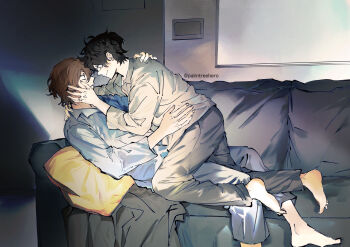 Rule 34 | 2boys, akechi gorou, amamiya ren, barefoot, black hair, blanket, brown hair, commentary, couch, english commentary, eye contact, face-to-face, grey pants, hand on another's face, hand on another's waist, highres, imminent kiss, indoors, jewelry, looking at another, male focus, multiple boys, on couch, palmtreehero, pants, persona, persona 5, pillow, ring, shirt, short hair, twitter username, wedding ring, whiteboard, yaoi