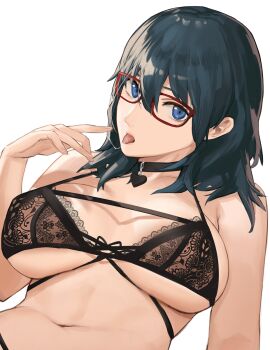 1girl bare_shoulders black_bra blue_eyes blue_hair bra breasts female_byleth_(fire_emblem) choker cleavage fire_emblem fire_emblem:_three_houses glasses highres j@ck large_breasts looking_at_viewer medium_hair navel nintendo open_mouth simple_background tongue tongue_out underwear white_background